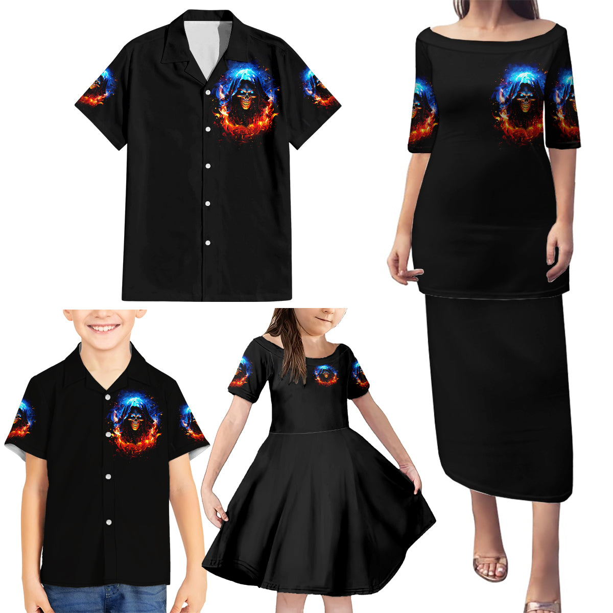 Flame Skull Family Matching Puletasi Dress and Hawaiian Shirt When I Was Born The Devil Said Competition - Wonder Print Shop