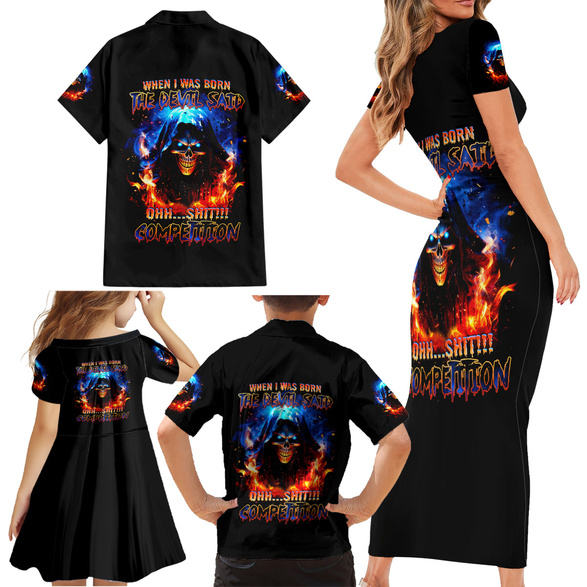 Flame Skull Family Matching Short Sleeve Bodycon Dress and Hawaiian Shirt When I Was Born The Devil Said Competition - Wonder Print Shop
