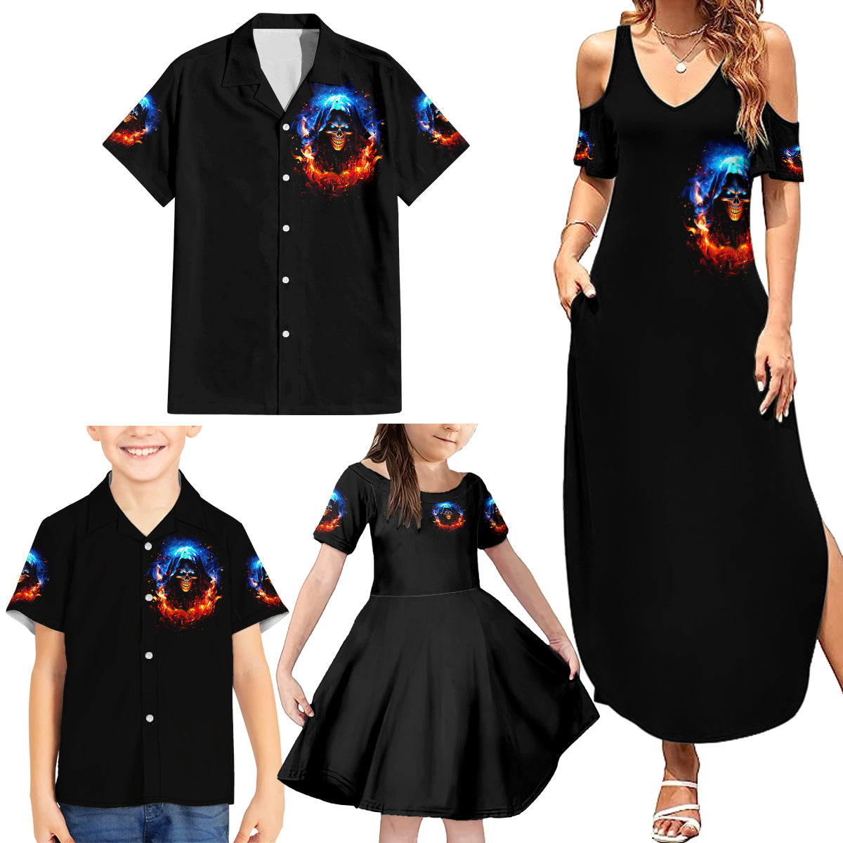 Flame Skull Family Matching Summer Maxi Dress and Hawaiian Shirt When I Was Born The Devil Said Competition - Wonder Print Shop