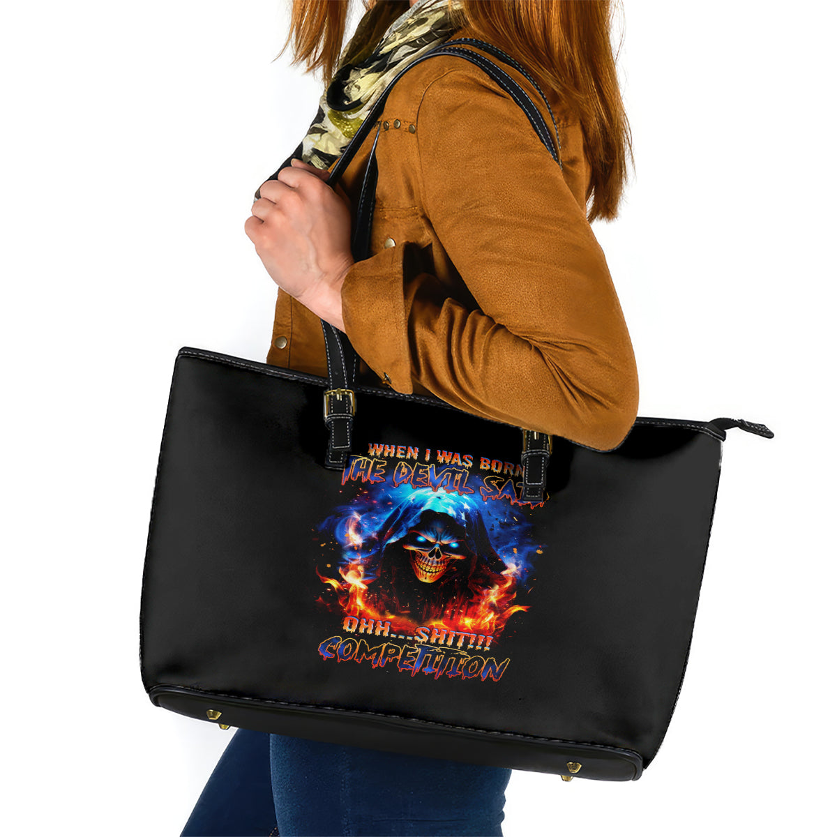 Flame Skull Leather Tote Bag When I Was Born The Devil Said Competition - Wonder Print Shop