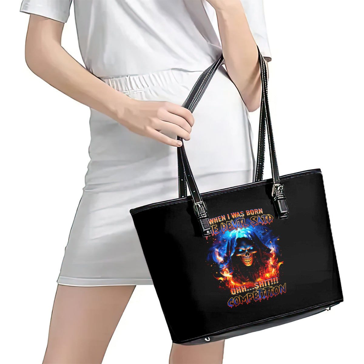 Flame Skull Leather Tote Bag When I Was Born The Devil Said Competition - Wonder Print Shop