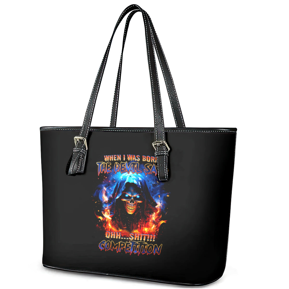 Flame Skull Leather Tote Bag When I Was Born The Devil Said Competition - Wonder Print Shop