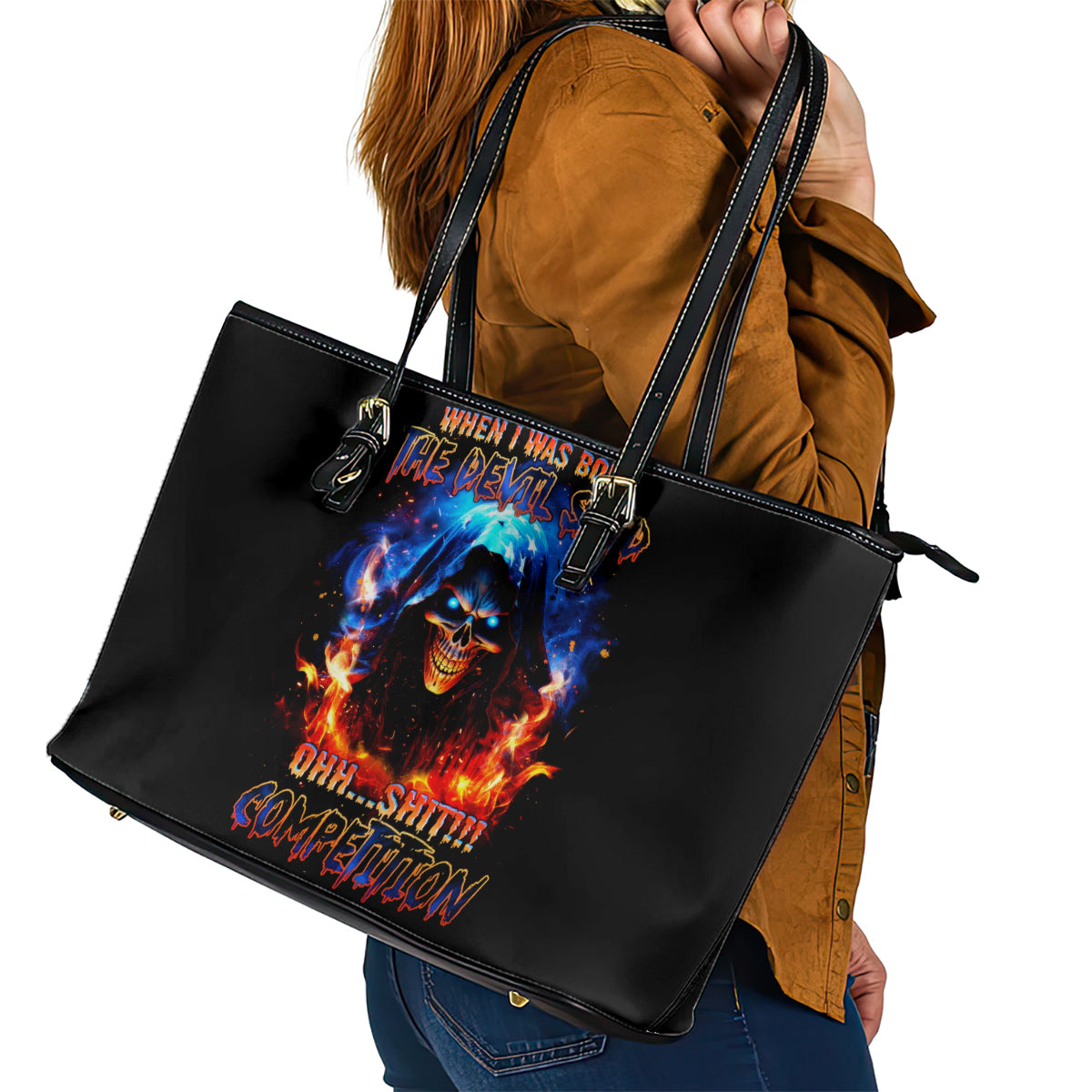 Flame Skull Leather Tote Bag When I Was Born The Devil Said Competition - Wonder Print Shop