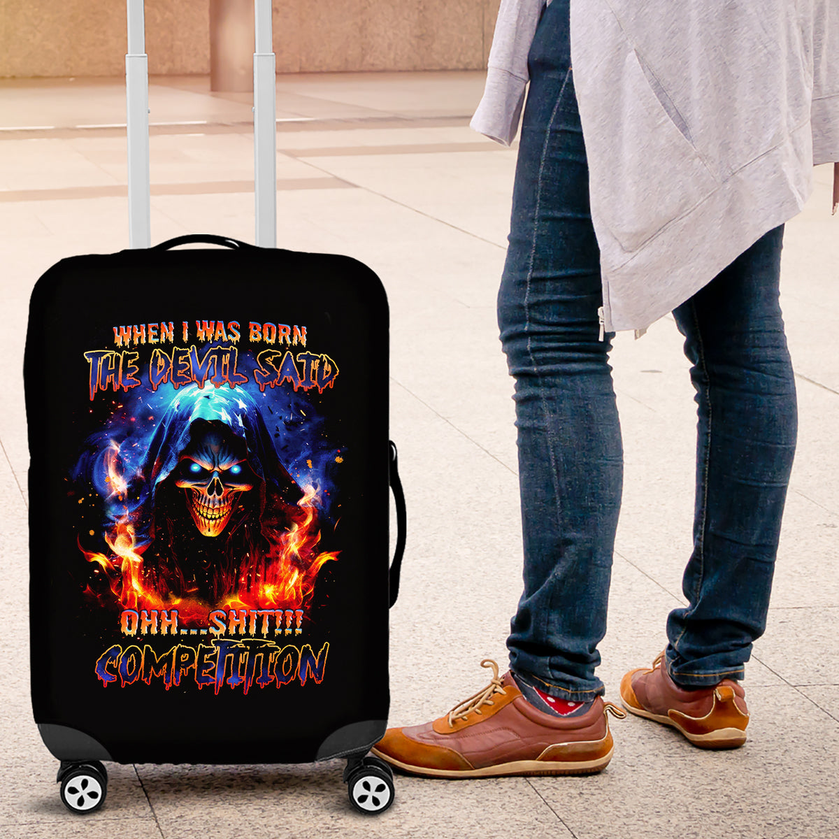 Flame Skull Luggage Cover When I Was Born The Devil Said Competition - Wonder Print Shop