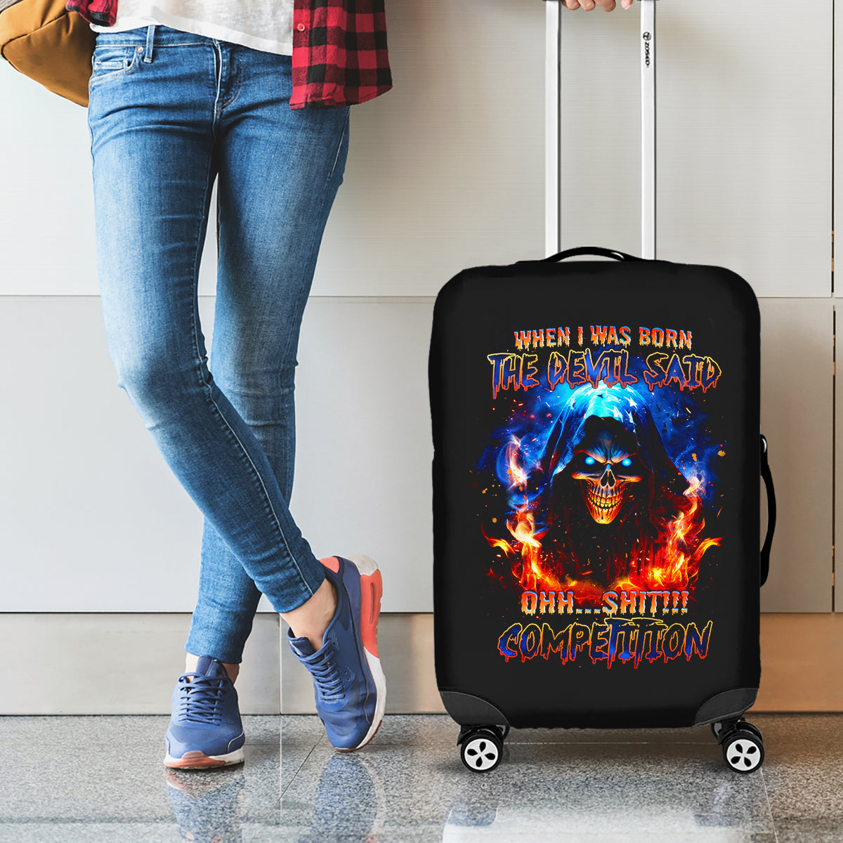 Flame Skull Luggage Cover When I Was Born The Devil Said Competition - Wonder Print Shop