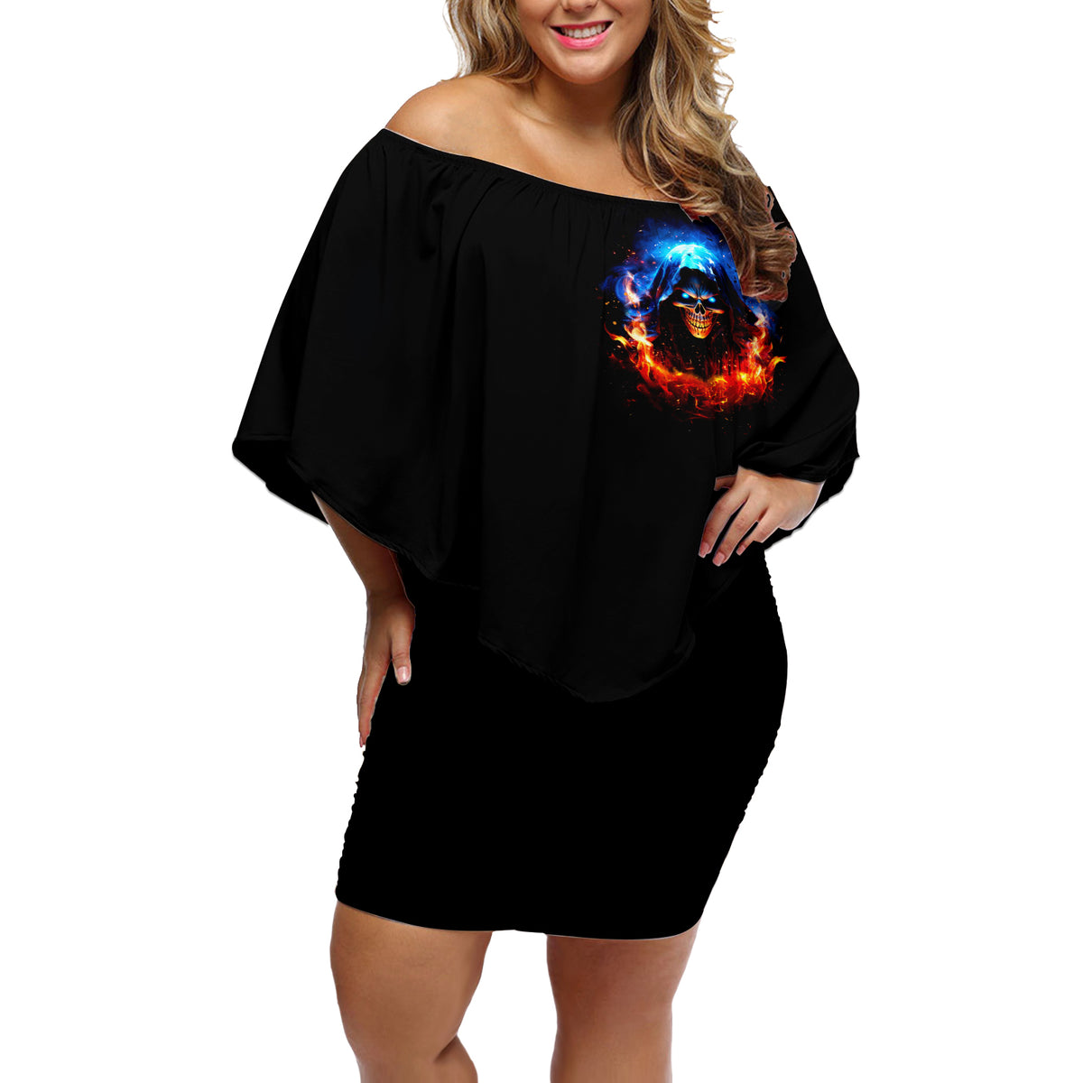 Flame Skull Off Shoulder Short Dress When I Was Born The Devil Said Competition - Wonder Print Shop