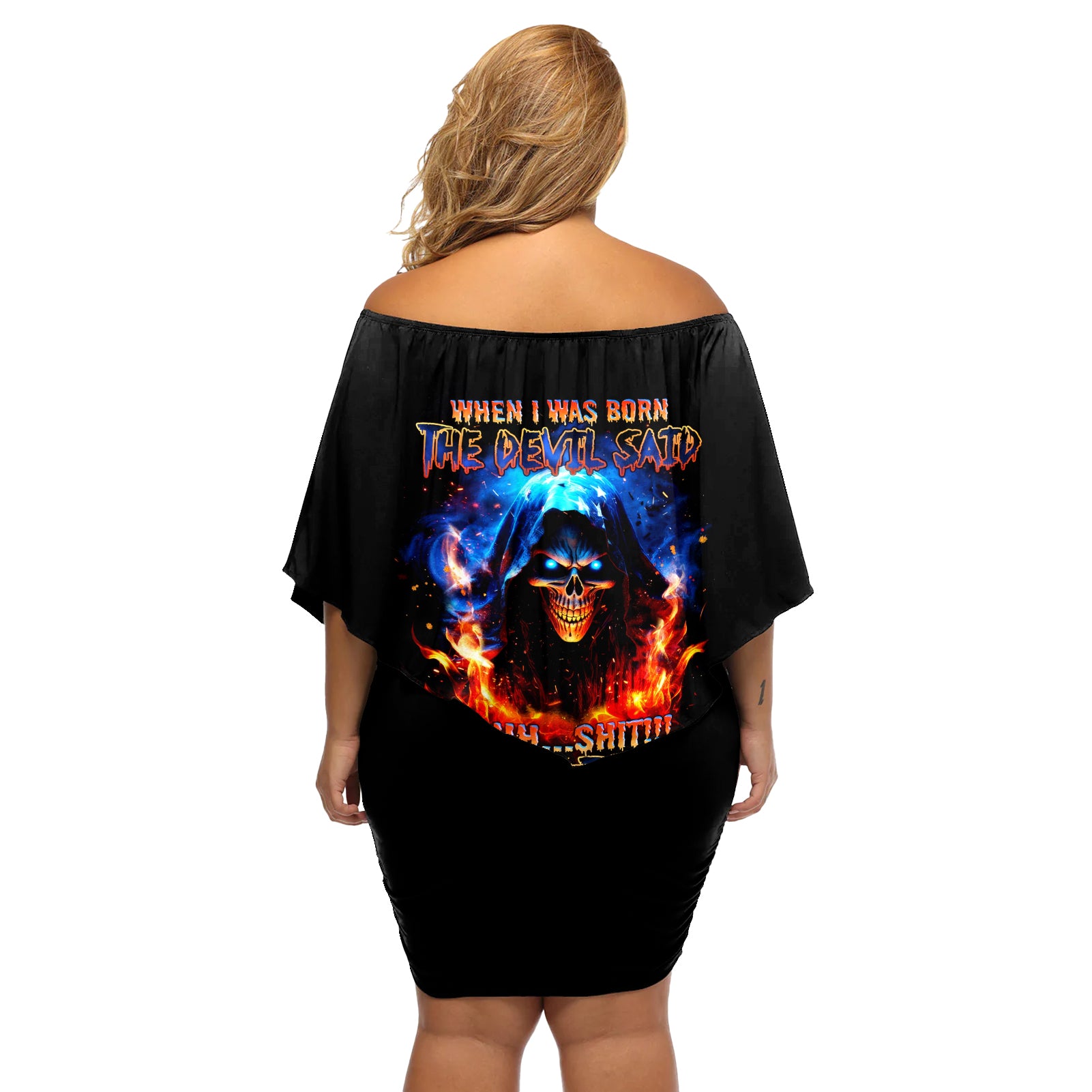 Flame Skull Off Shoulder Short Dress When I Was Born The Devil Said Competition - Wonder Print Shop