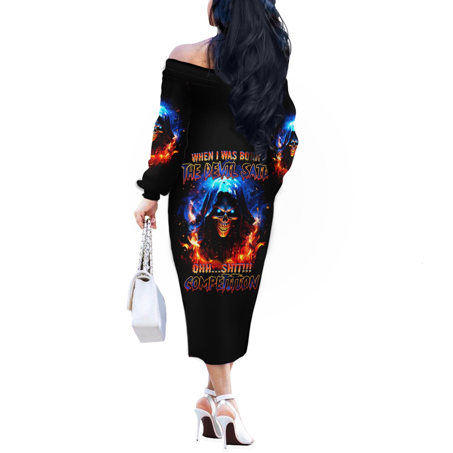 Flame Skull Off The Shoulder Long Sleeve Dress When I Was Born The Devil Said Competition - Wonder Print Shop