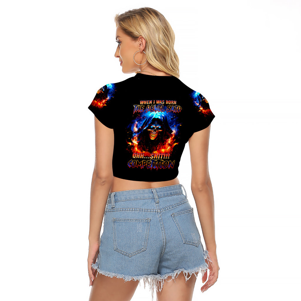 Flame Skull Raglan Cropped T Shirt When I Was Born The Devil Said Competition - Wonder Print Shop