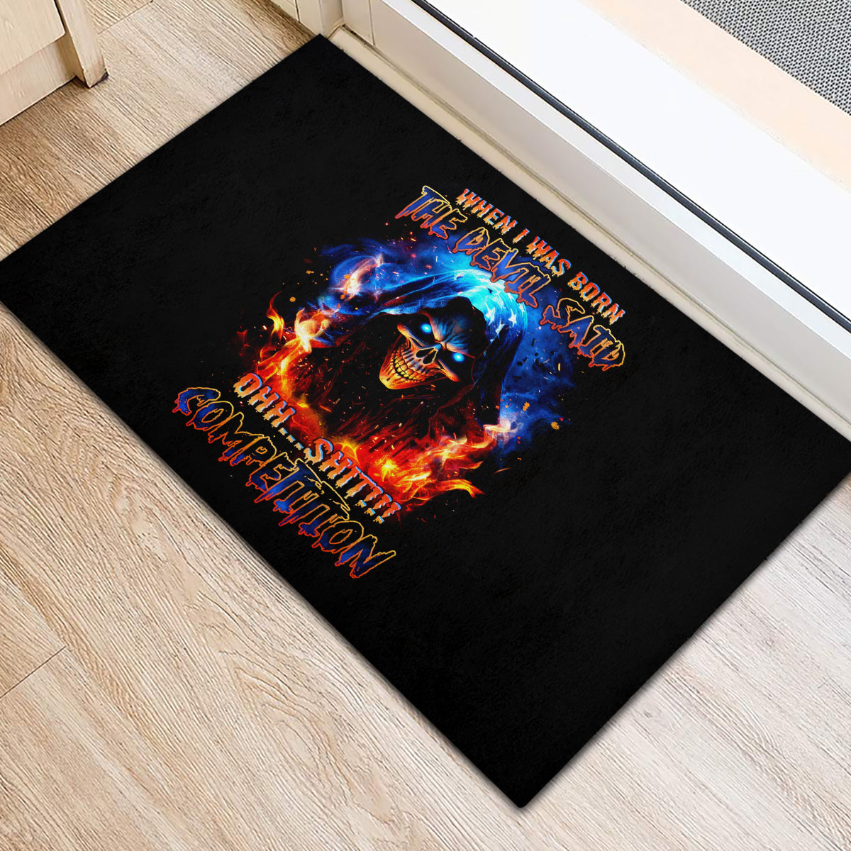 Flame Skull Rubber Doormat When I Was Born The Devil Said Competition - Wonder Print Shop