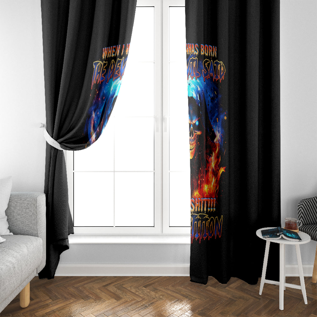 Flame Skull Window Curtain When I Was Born The Devil Said Competition - Wonder Print Shop