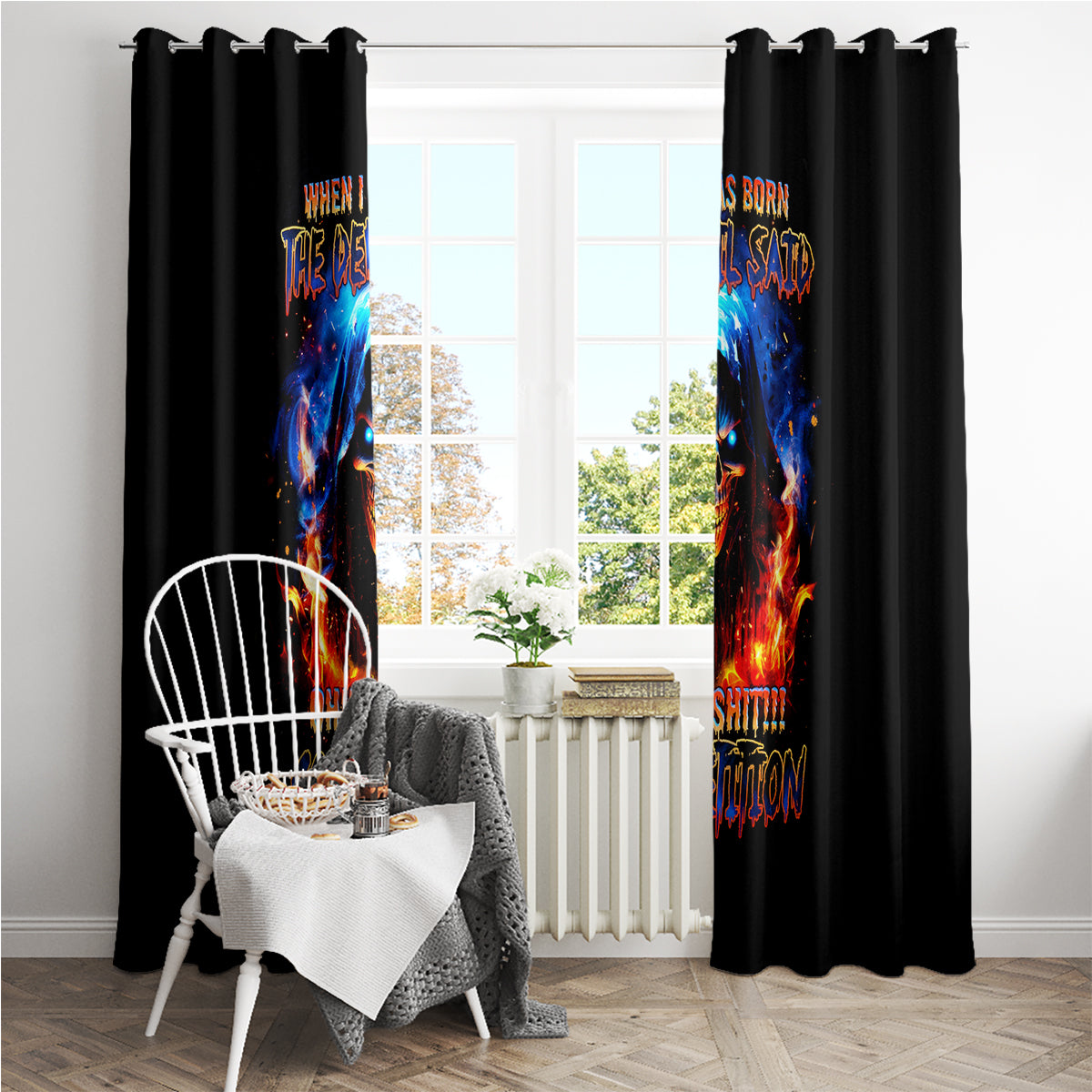 Flame Skull Window Curtain When I Was Born The Devil Said Competition - Wonder Print Shop