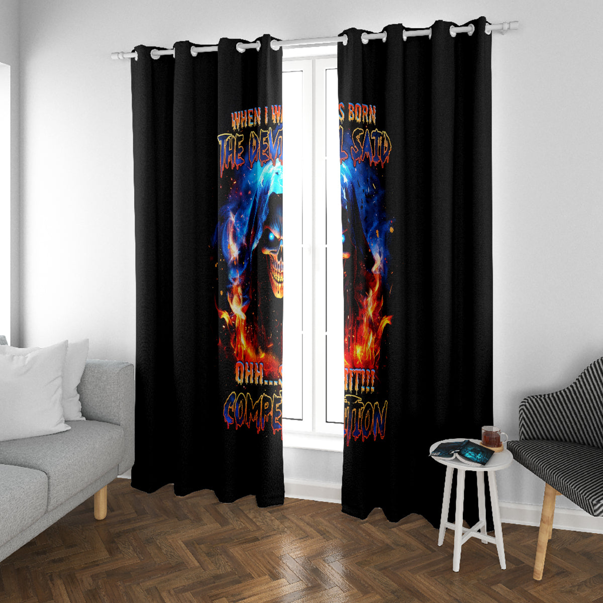 Flame Skull Window Curtain When I Was Born The Devil Said Competition - Wonder Print Shop