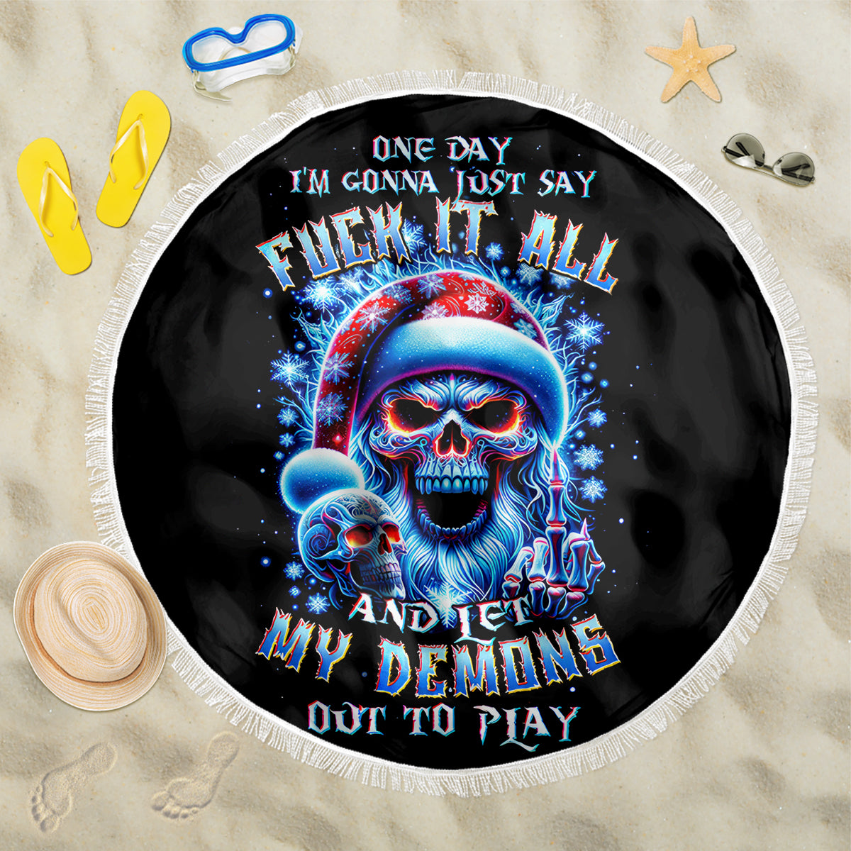 Skull Santa Claus Beach Blanket One Day Say Fuck Itt All And Let My Demons Out - Wonder Print Shop