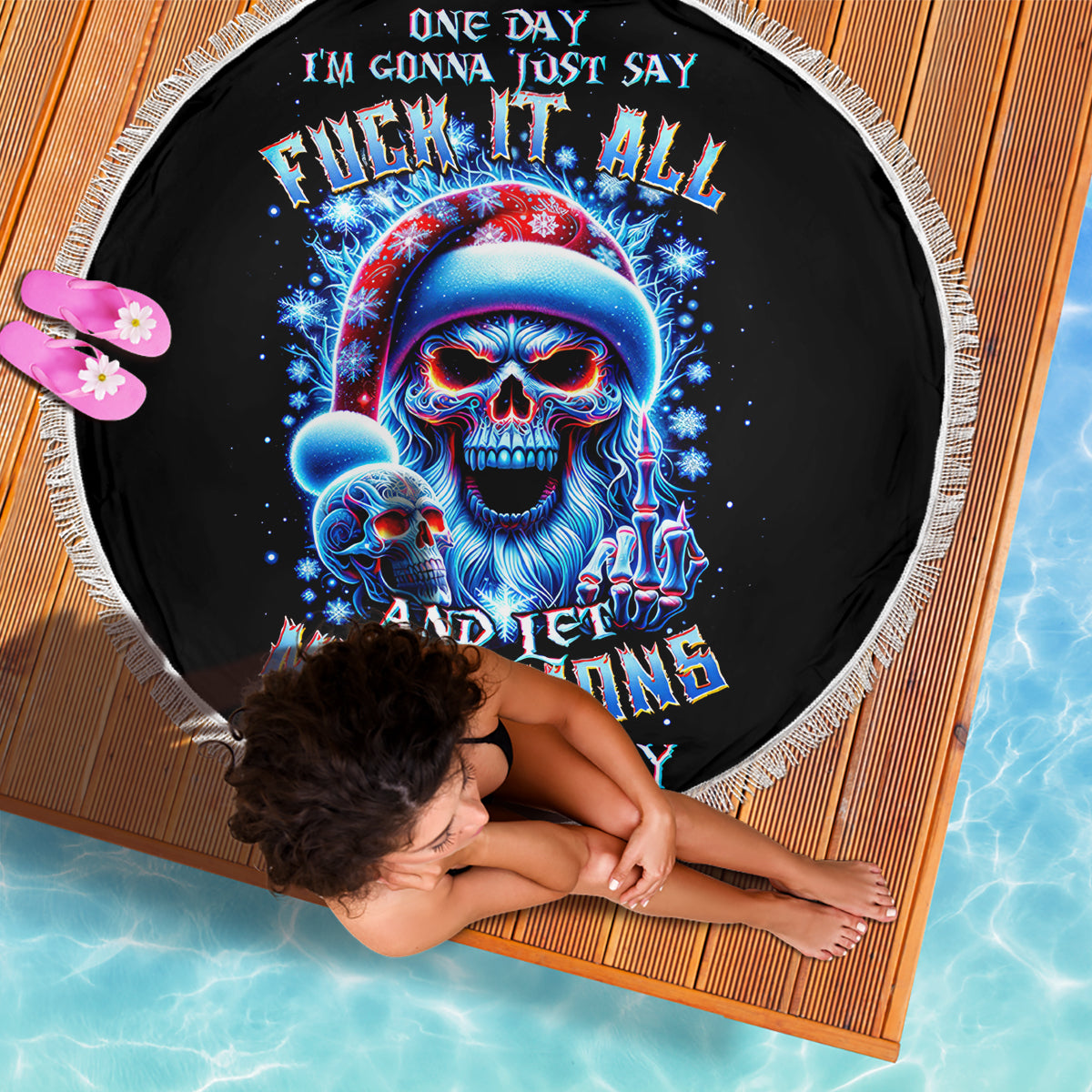 Skull Santa Claus Beach Blanket One Day Say Fuck Itt All And Let My Demons Out - Wonder Print Shop