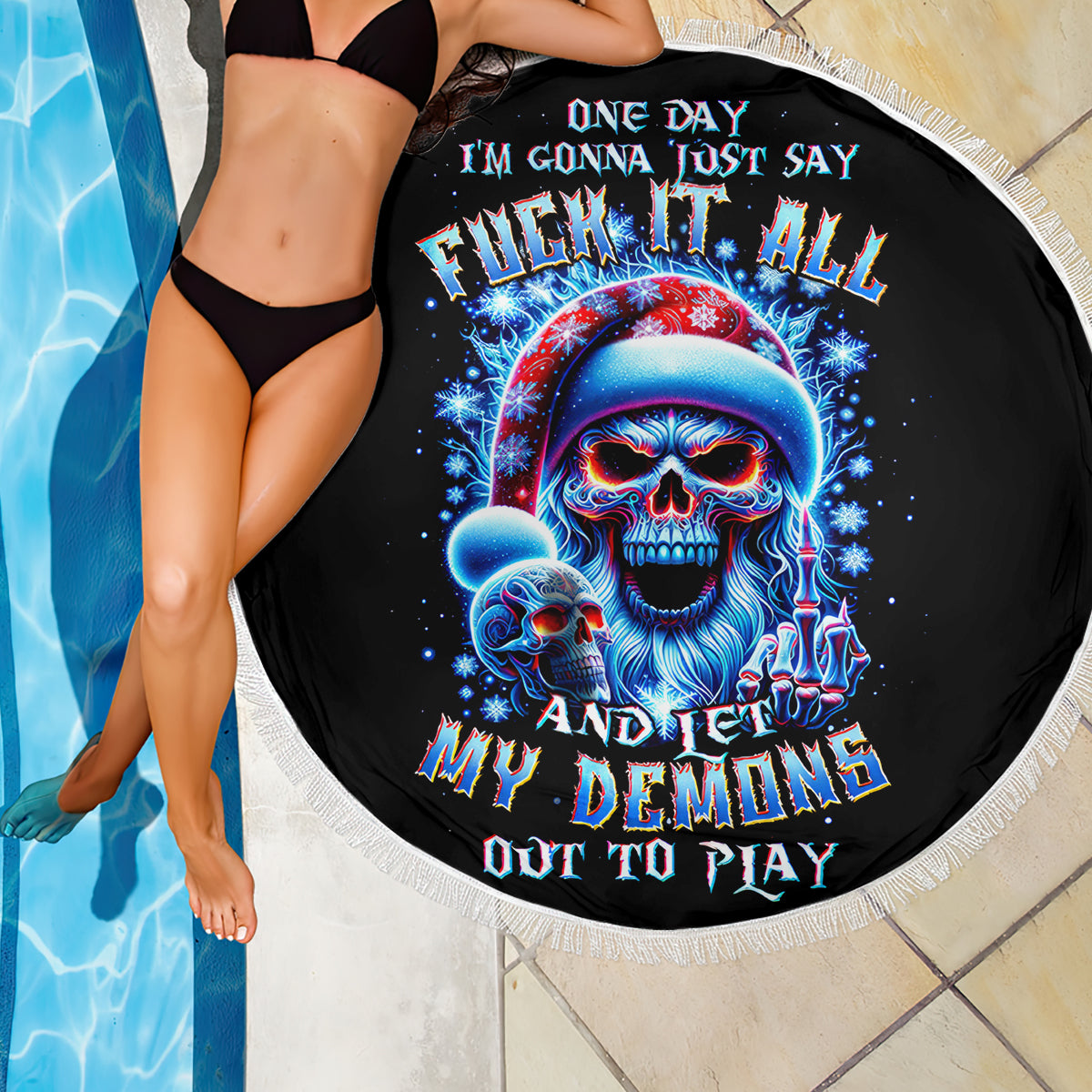 Skull Santa Claus Beach Blanket One Day Say Fuck Itt All And Let My Demons Out - Wonder Print Shop