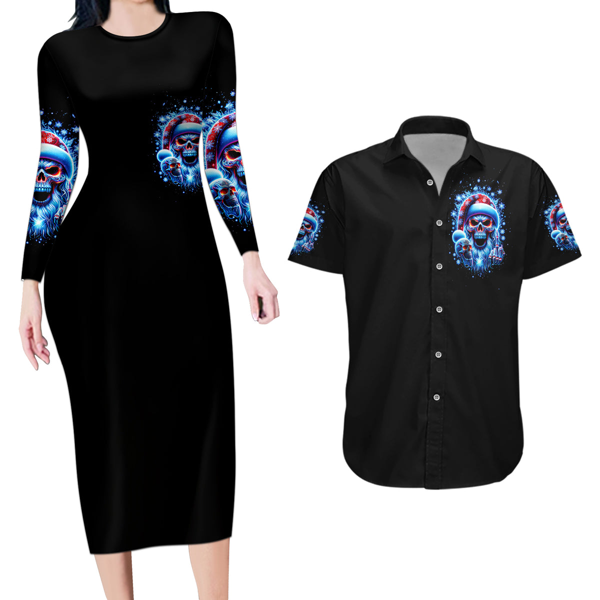Skull Santa Claus Couples Matching Long Sleeve Bodycon Dress and Hawaiian Shirt One Day Say Fuck Itt All And Let My Demons Out - Wonder Print Shop