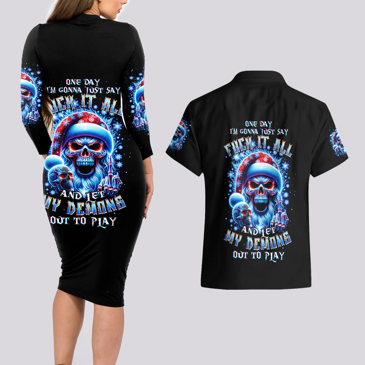 Skull Santa Claus Couples Matching Long Sleeve Bodycon Dress and Hawaiian Shirt One Day Say Fuck Itt All And Let My Demons Out - Wonder Print Shop