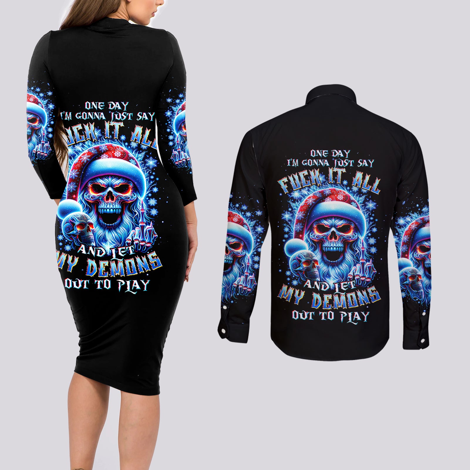 Skull Santa Claus Couples Matching Long Sleeve Bodycon Dress and Long Sleeve Button Shirt One Day Say Fuck Itt All And Let My Demons Out - Wonder Print Shop