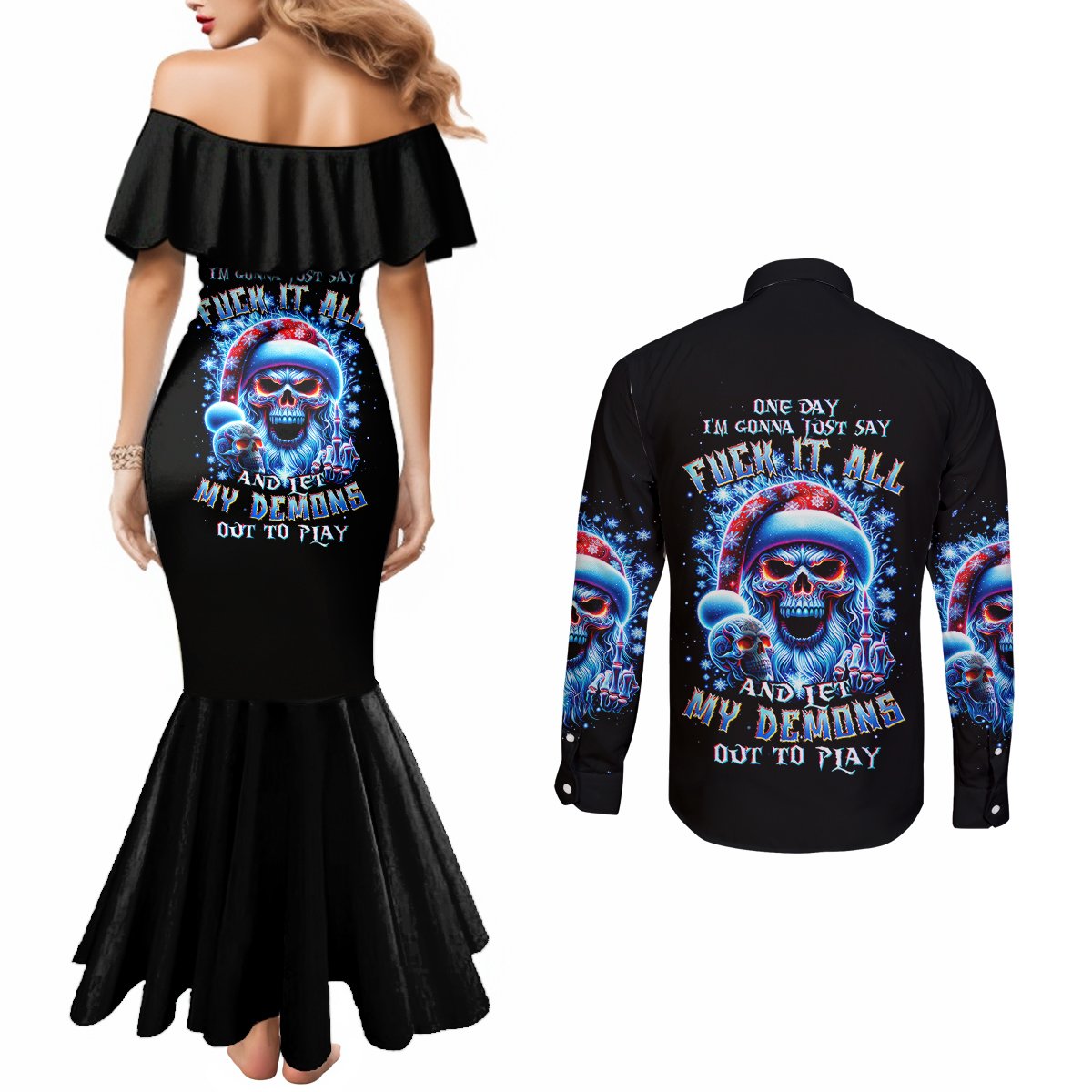 skull-santa-claus-couples-matching-mermaid-dress-and-long-sleeve-button-shirt-one-day-say-fuck-itt-all-and-let-my-demons-out
