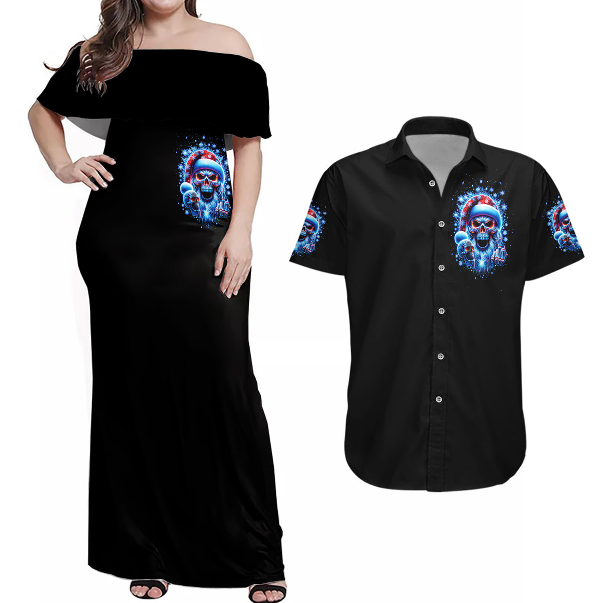 Skull Santa Claus Couples Matching Off Shoulder Maxi Dress and Hawaiian Shirt One Day Say Fuck Itt All And Let My Demons Out - Wonder Print Shop