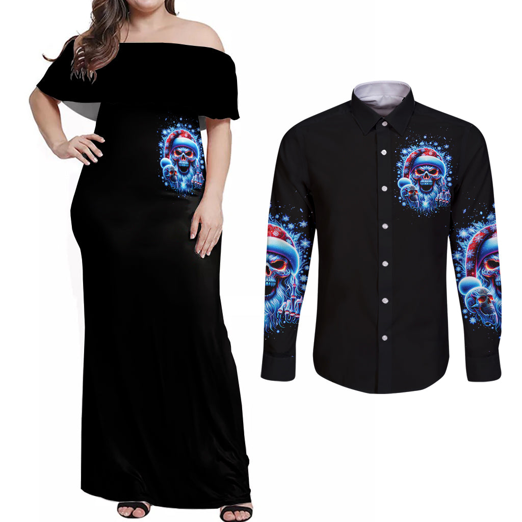 Skull Santa Claus Couples Matching Off Shoulder Maxi Dress and Long Sleeve Button Shirt One Day Say Fuck Itt All And Let My Demons Out - Wonder Print Shop