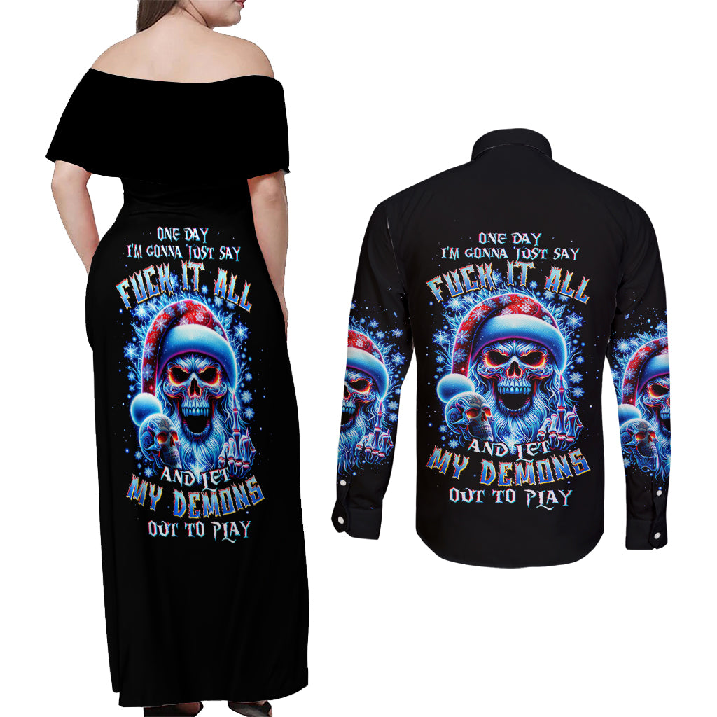 Skull Santa Claus Couples Matching Off Shoulder Maxi Dress and Long Sleeve Button Shirt One Day Say Fuck Itt All And Let My Demons Out - Wonder Print Shop