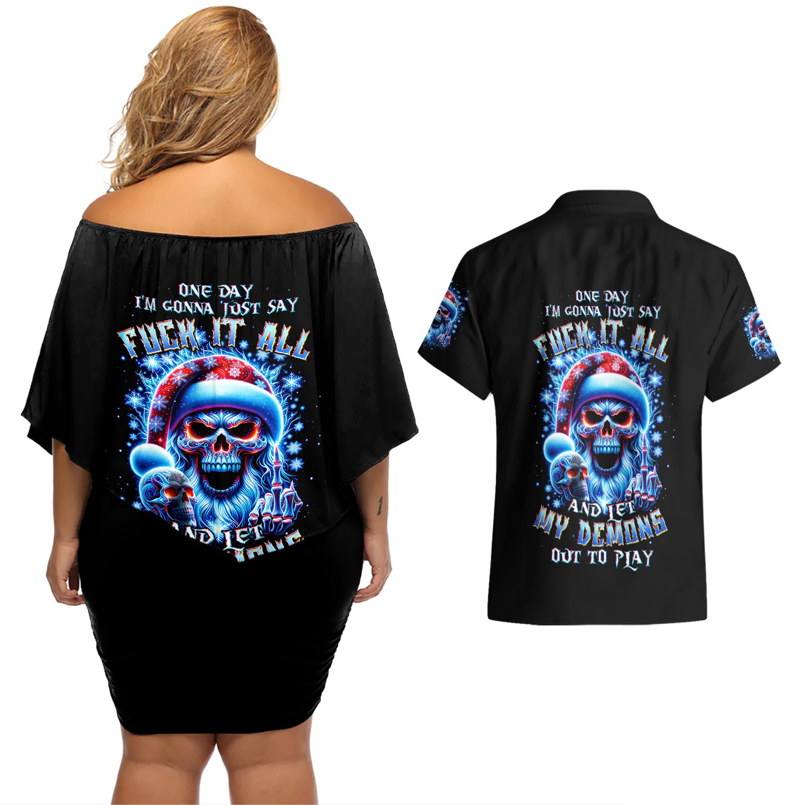 Skull Santa Claus Couples Matching Off Shoulder Short Dress and Hawaiian Shirt One Day Say Fuck Itt All And Let My Demons Out - Wonder Print Shop