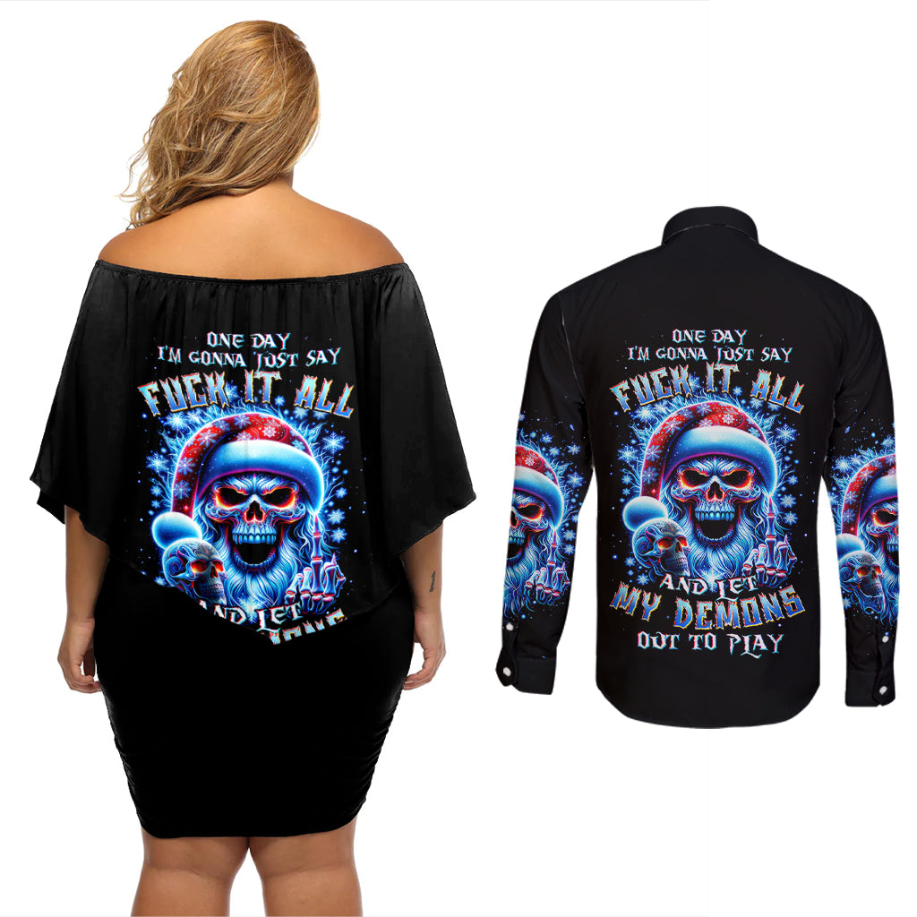 Skull Santa Claus Couples Matching Off Shoulder Short Dress and Long Sleeve Button Shirt One Day Say Fuck Itt All And Let My Demons Out - Wonder Print Shop