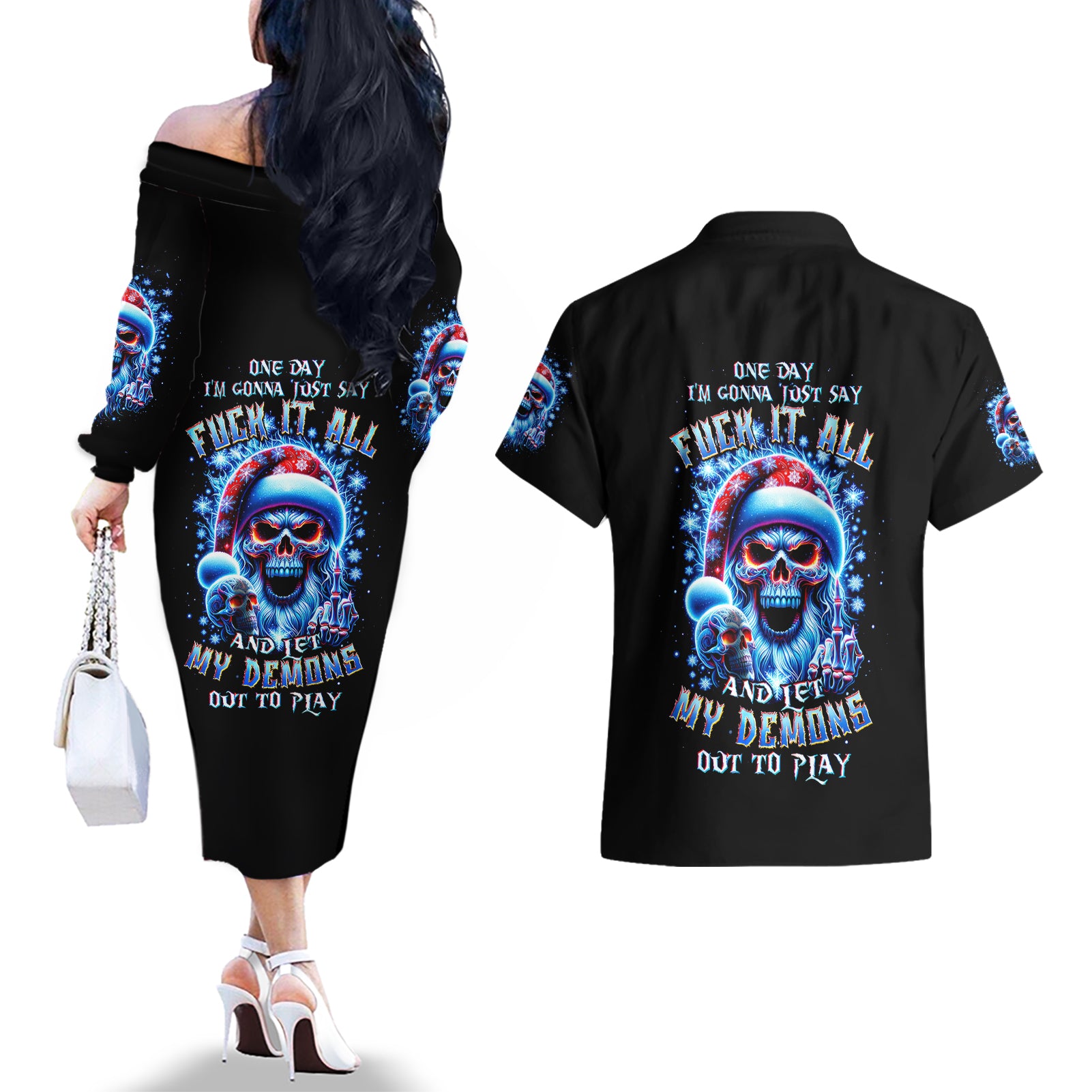 Skull Santa Claus Couples Matching Off The Shoulder Long Sleeve Dress and Hawaiian Shirt One Day Say Fuck Itt All And Let My Demons Out - Wonder Print Shop
