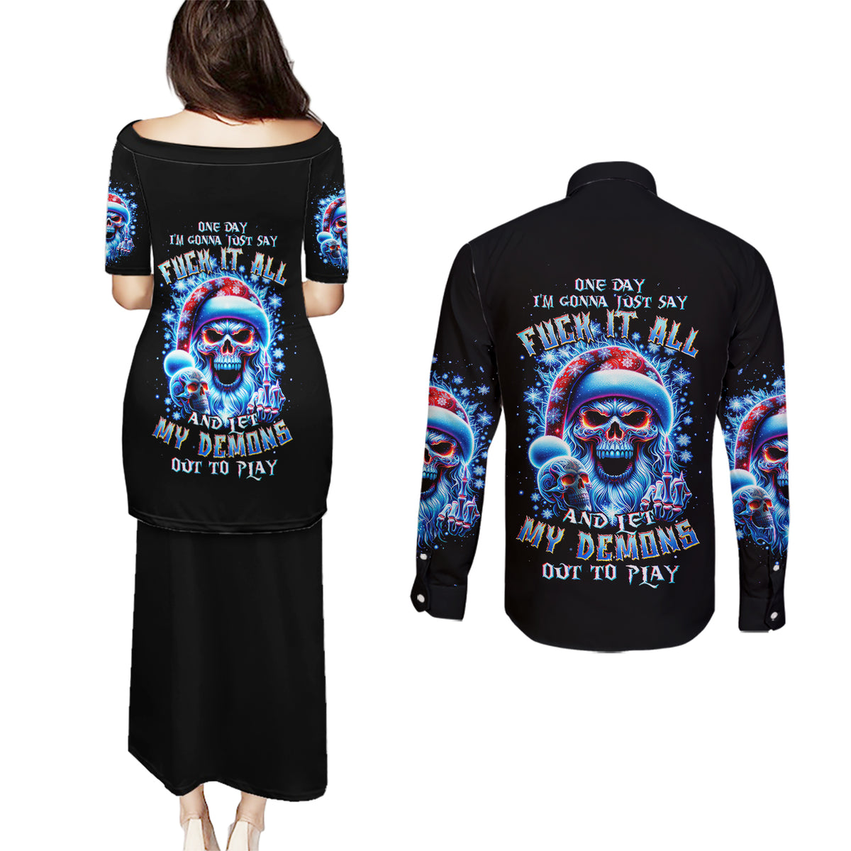 Skull Santa Claus Couples Matching Puletasi Dress and Long Sleeve Button Shirt One Day Say Fuck Itt All And Let My Demons Out - Wonder Print Shop