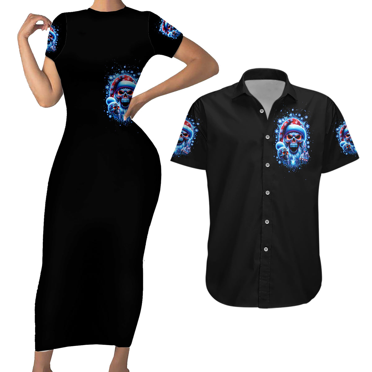 Skull Santa Claus Couples Matching Short Sleeve Bodycon Dress and Hawaiian Shirt One Day Say Fuck Itt All And Let My Demons Out - Wonder Print Shop