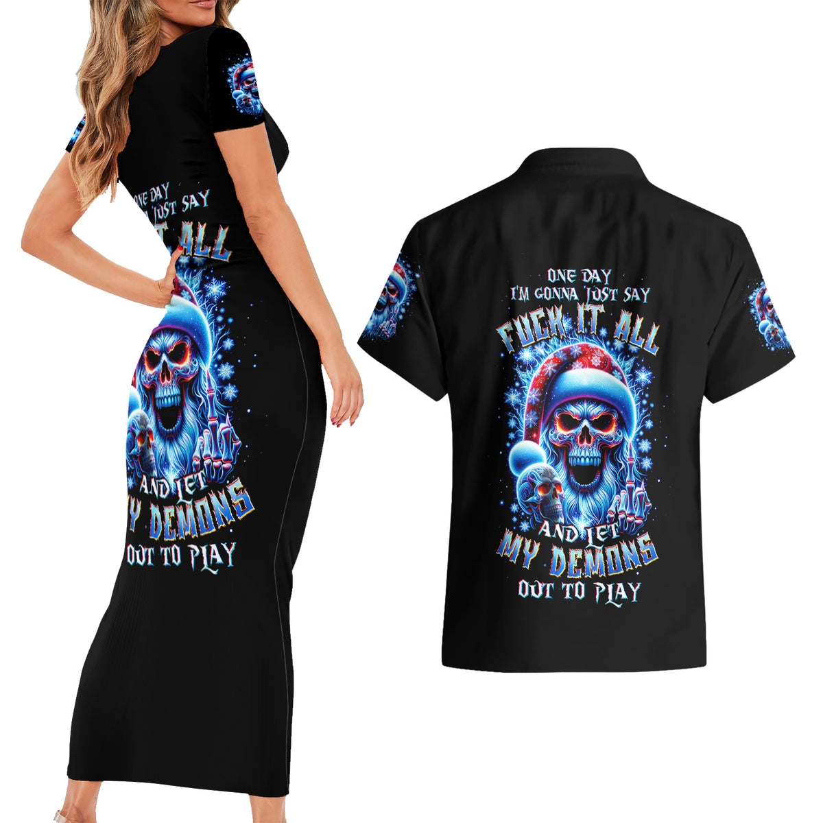 Skull Santa Claus Couples Matching Short Sleeve Bodycon Dress and Hawaiian Shirt One Day Say Fuck Itt All And Let My Demons Out - Wonder Print Shop