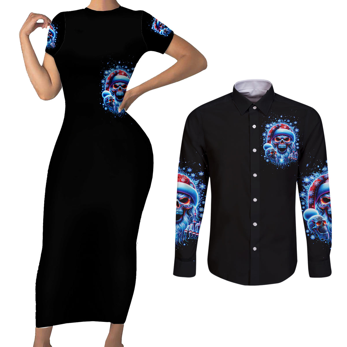 Skull Santa Claus Couples Matching Short Sleeve Bodycon Dress and Long Sleeve Button Shirt One Day Say Fuck Itt All And Let My Demons Out - Wonder Print Shop