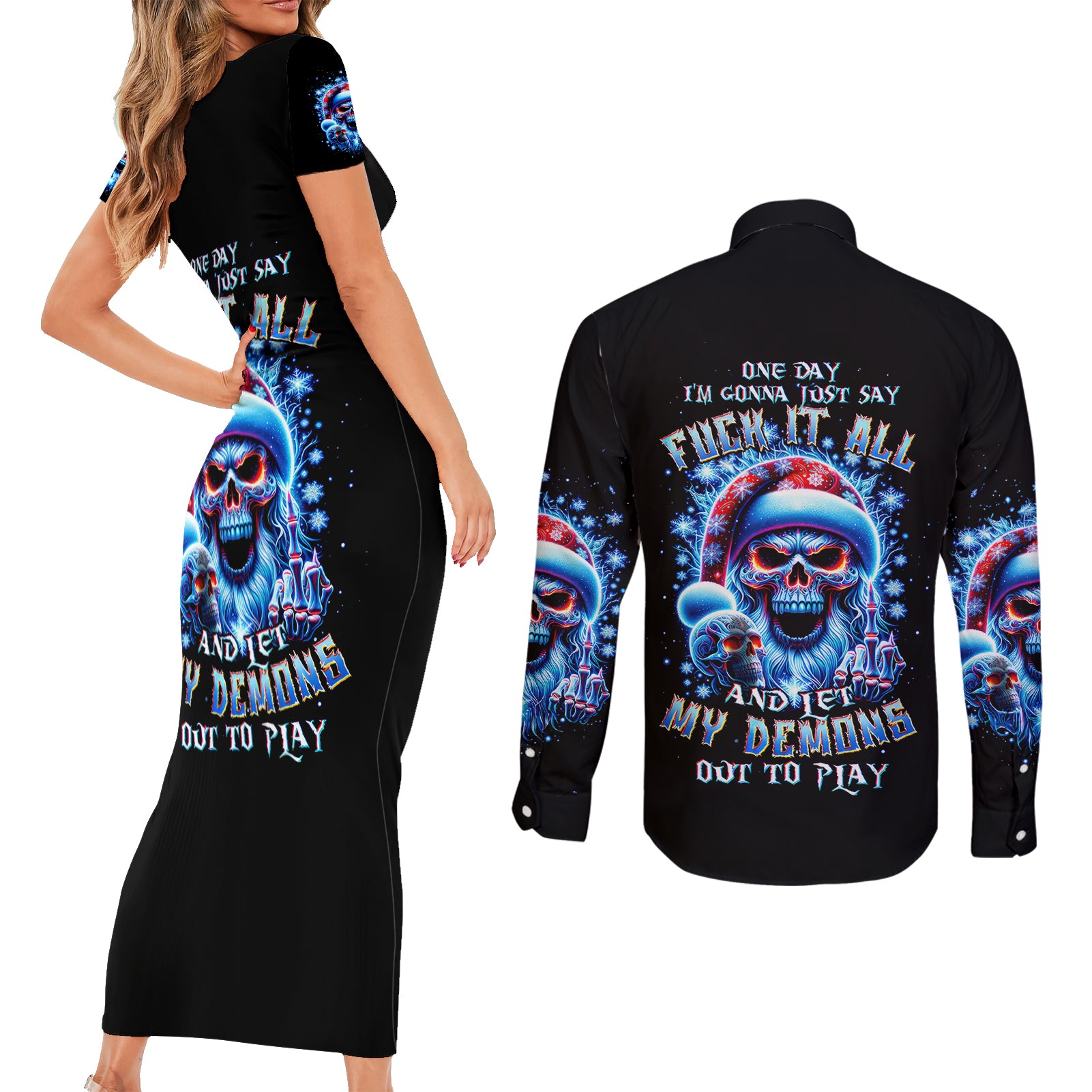 Skull Santa Claus Couples Matching Short Sleeve Bodycon Dress and Long Sleeve Button Shirt One Day Say Fuck Itt All And Let My Demons Out - Wonder Print Shop