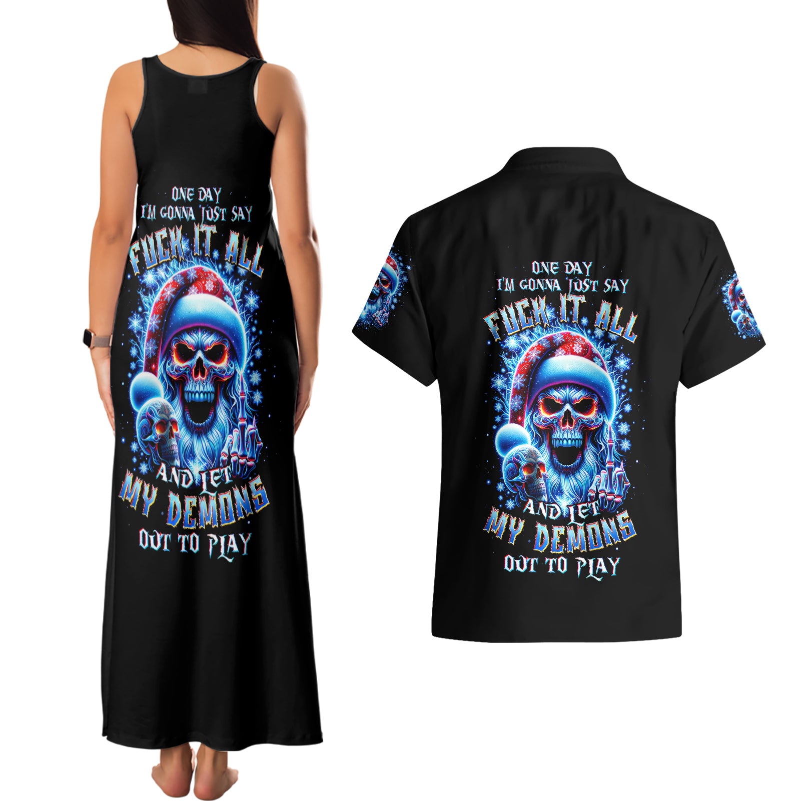 Skull Santa Claus Couples Matching Tank Maxi Dress and Hawaiian Shirt One Day Say Fuck Itt All And Let My Demons Out - Wonder Print Shop
