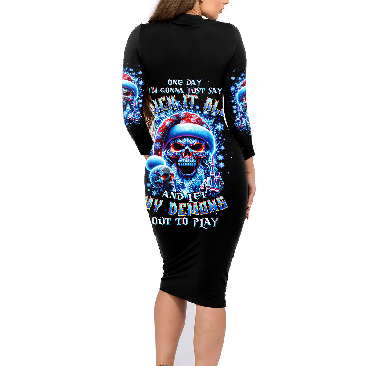 Skull Santa Claus Family Matching Long Sleeve Bodycon Dress and Hawaiian Shirt One Day Say Fuck Itt All And Let My Demons Out - Wonder Print Shop