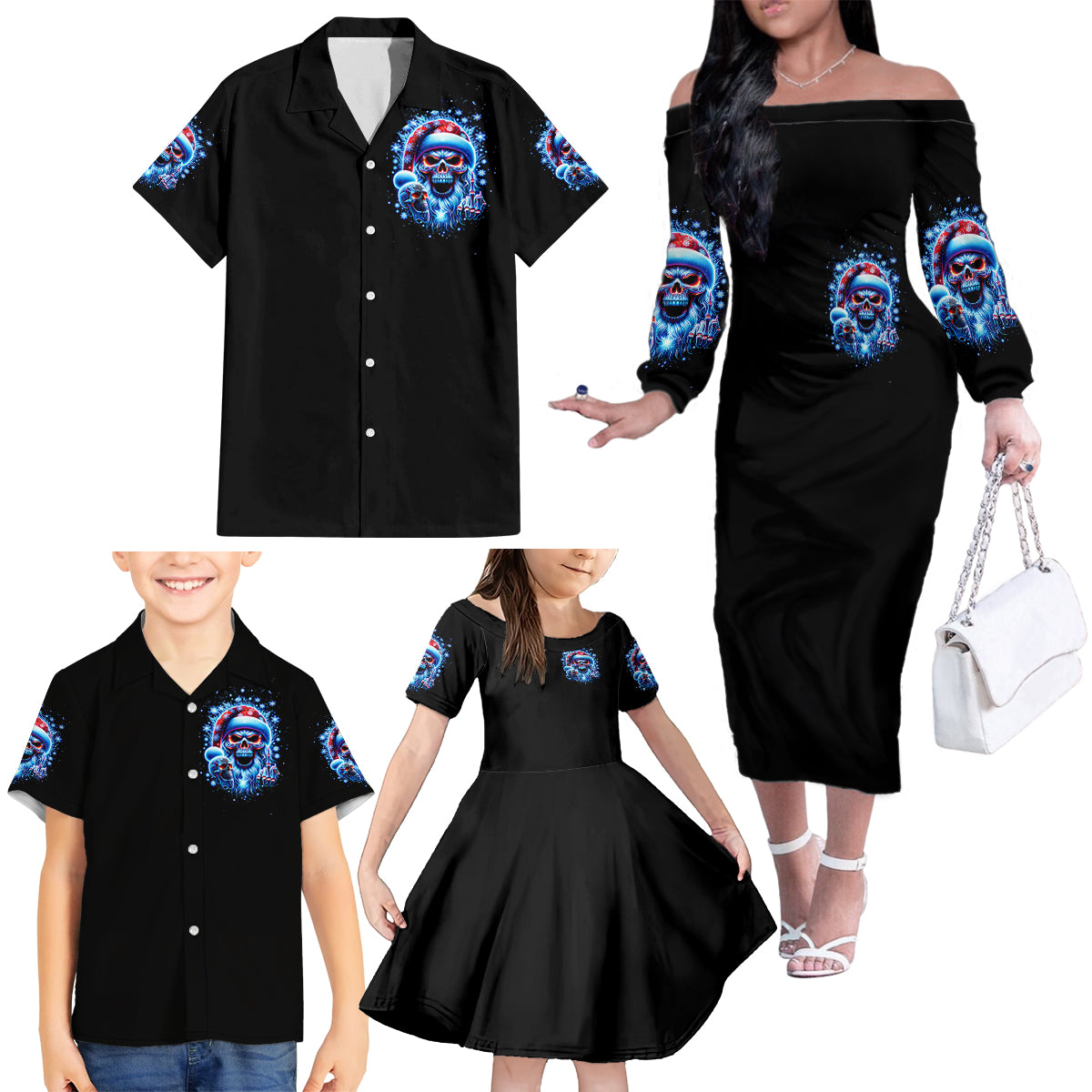 Skull Santa Claus Family Matching Off Shoulder Long Sleeve Dress and Hawaiian Shirt One Day Say Fuck Itt All And Let My Demons Out - Wonder Print Shop