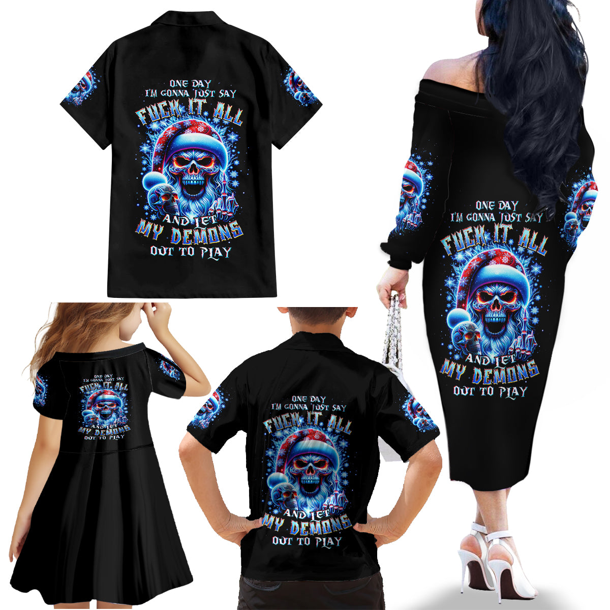 Skull Santa Claus Family Matching Off Shoulder Long Sleeve Dress and Hawaiian Shirt One Day Say Fuck Itt All And Let My Demons Out - Wonder Print Shop