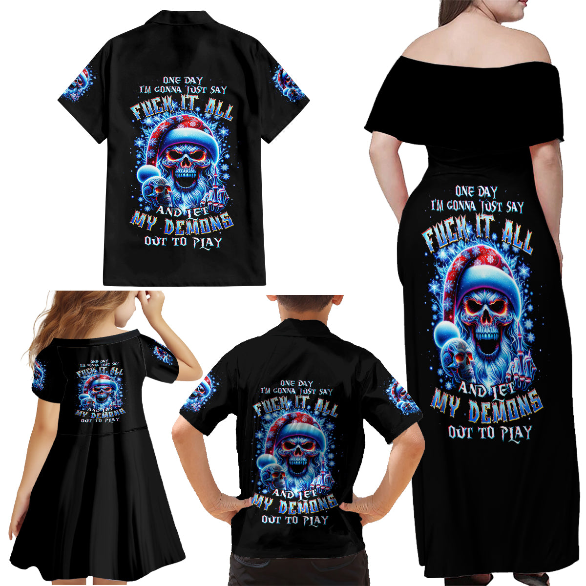 Skull Santa Claus Family Matching Off Shoulder Maxi Dress and Hawaiian Shirt One Day Say Fuck Itt All And Let My Demons Out - Wonder Print Shop