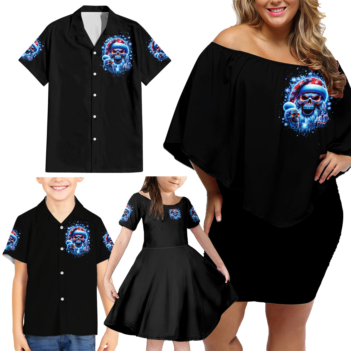 Skull Santa Claus Family Matching Off Shoulder Short Dress and Hawaiian Shirt One Day Say Fuck Itt All And Let My Demons Out - Wonder Print Shop