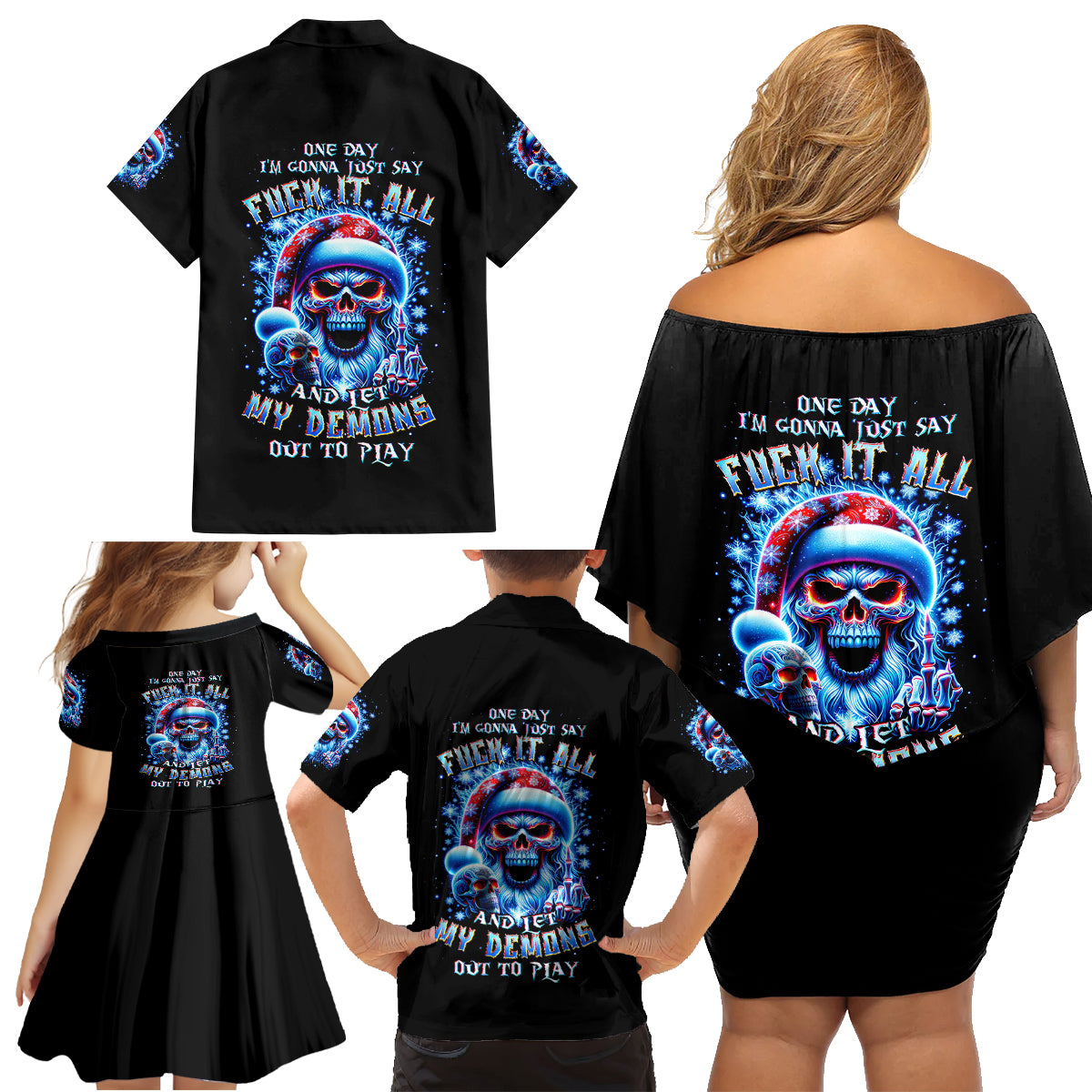 Skull Santa Claus Family Matching Off Shoulder Short Dress and Hawaiian Shirt One Day Say Fuck Itt All And Let My Demons Out - Wonder Print Shop