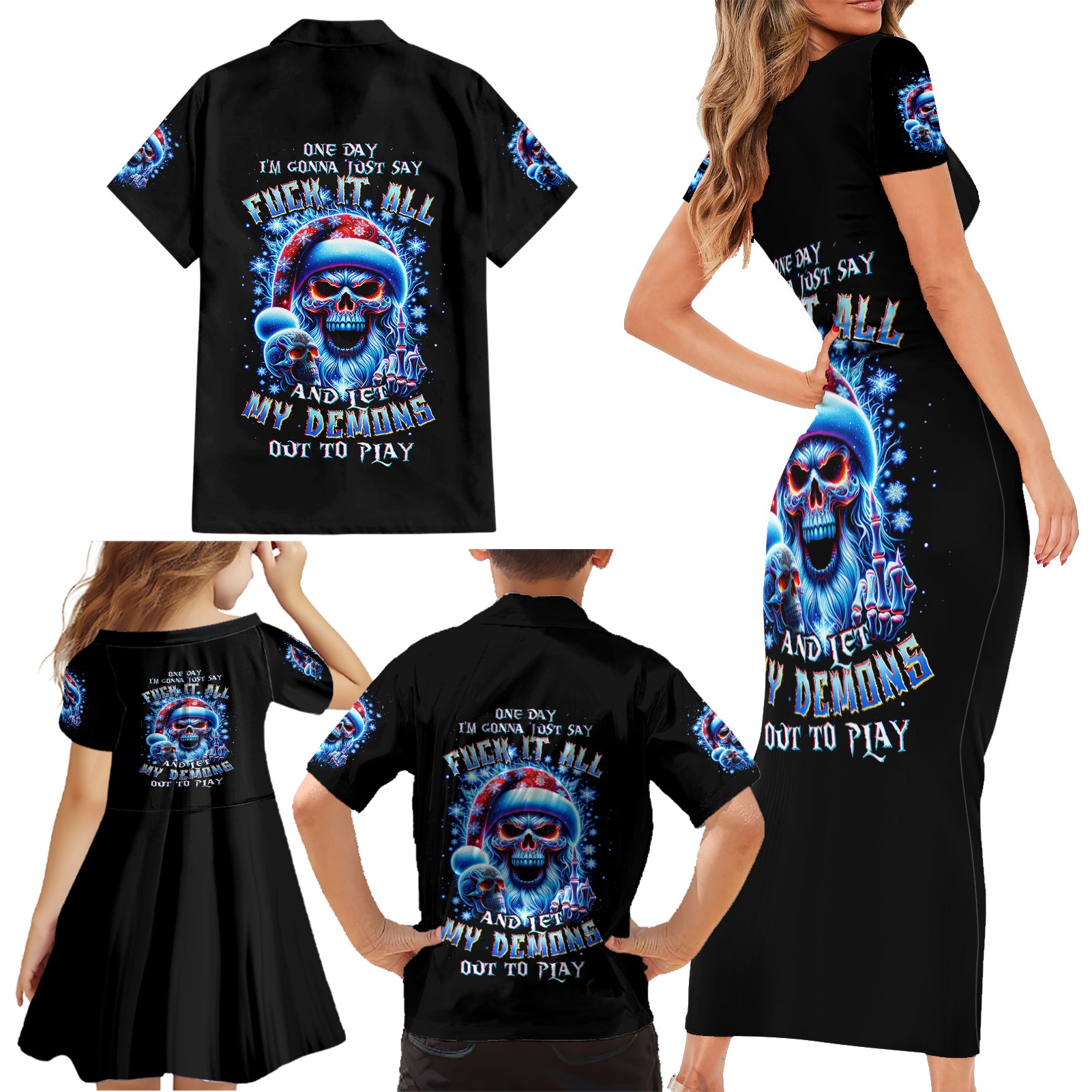 Skull Santa Claus Family Matching Short Sleeve Bodycon Dress and Hawaiian Shirt One Day Say Fuck Itt All And Let My Demons Out - Wonder Print Shop