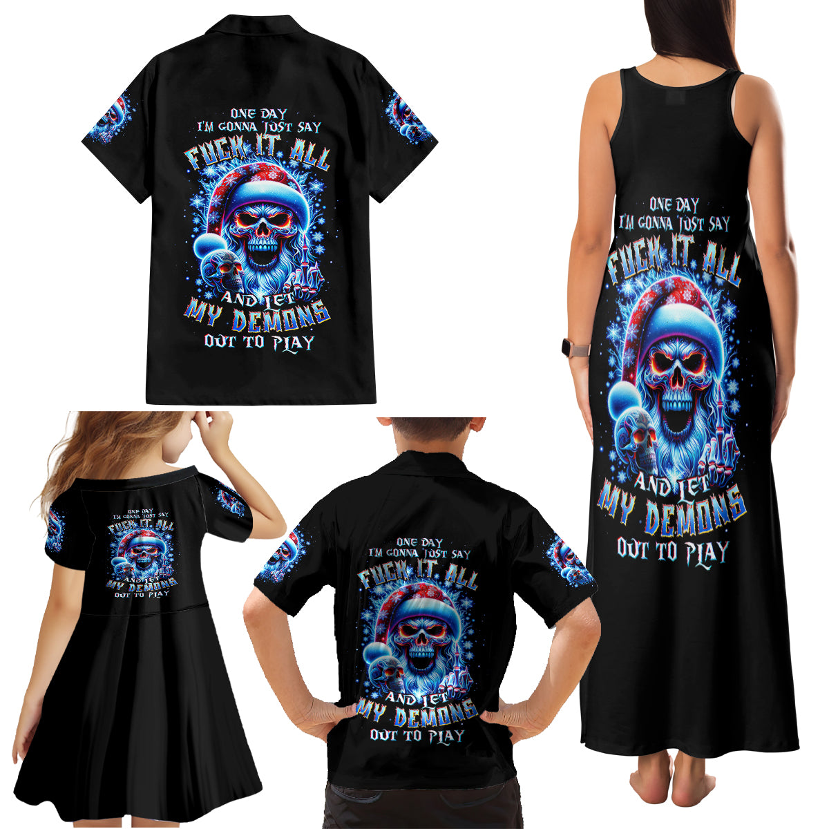 Skull Santa Claus Family Matching Tank Maxi Dress and Hawaiian Shirt One Day Say Fuck Itt All And Let My Demons Out - Wonder Print Shop