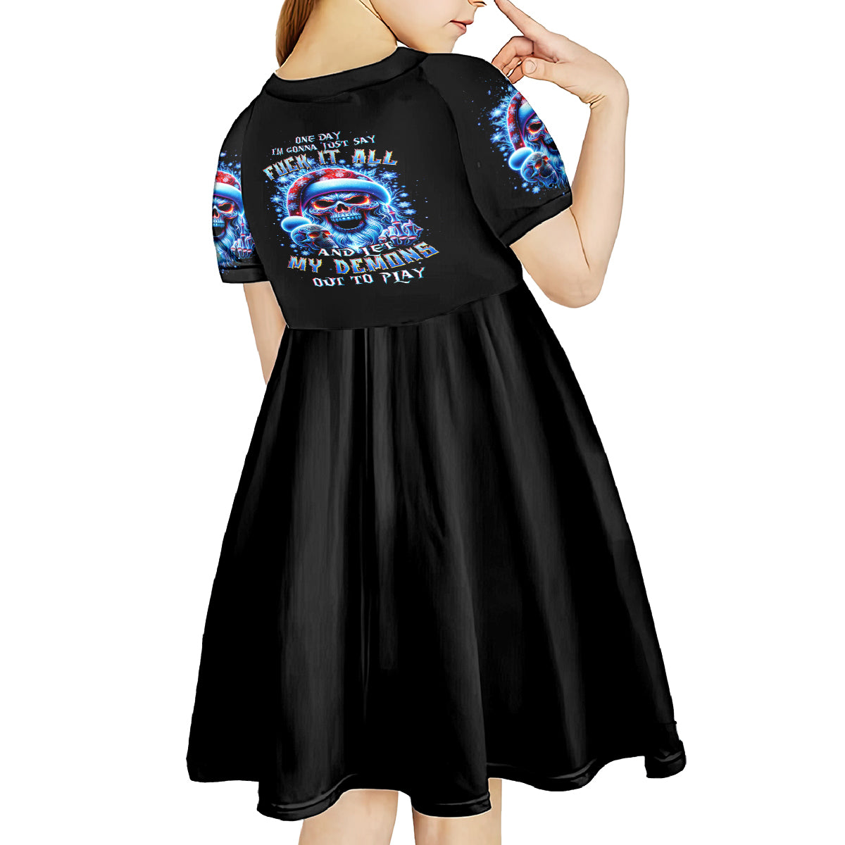 Skull Santa Claus Kid Short Sleeve Dress One Day Say Fuck Itt All And Let My Demons Out - Wonder Print Shop