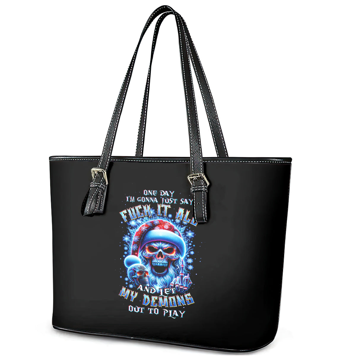 Skull Santa Claus Leather Tote Bag One Day Say Fuck Itt All And Let My Demons Out - Wonder Print Shop