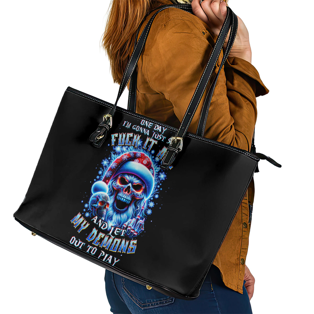 Skull Santa Claus Leather Tote Bag One Day Say Fuck Itt All And Let My Demons Out - Wonder Print Shop