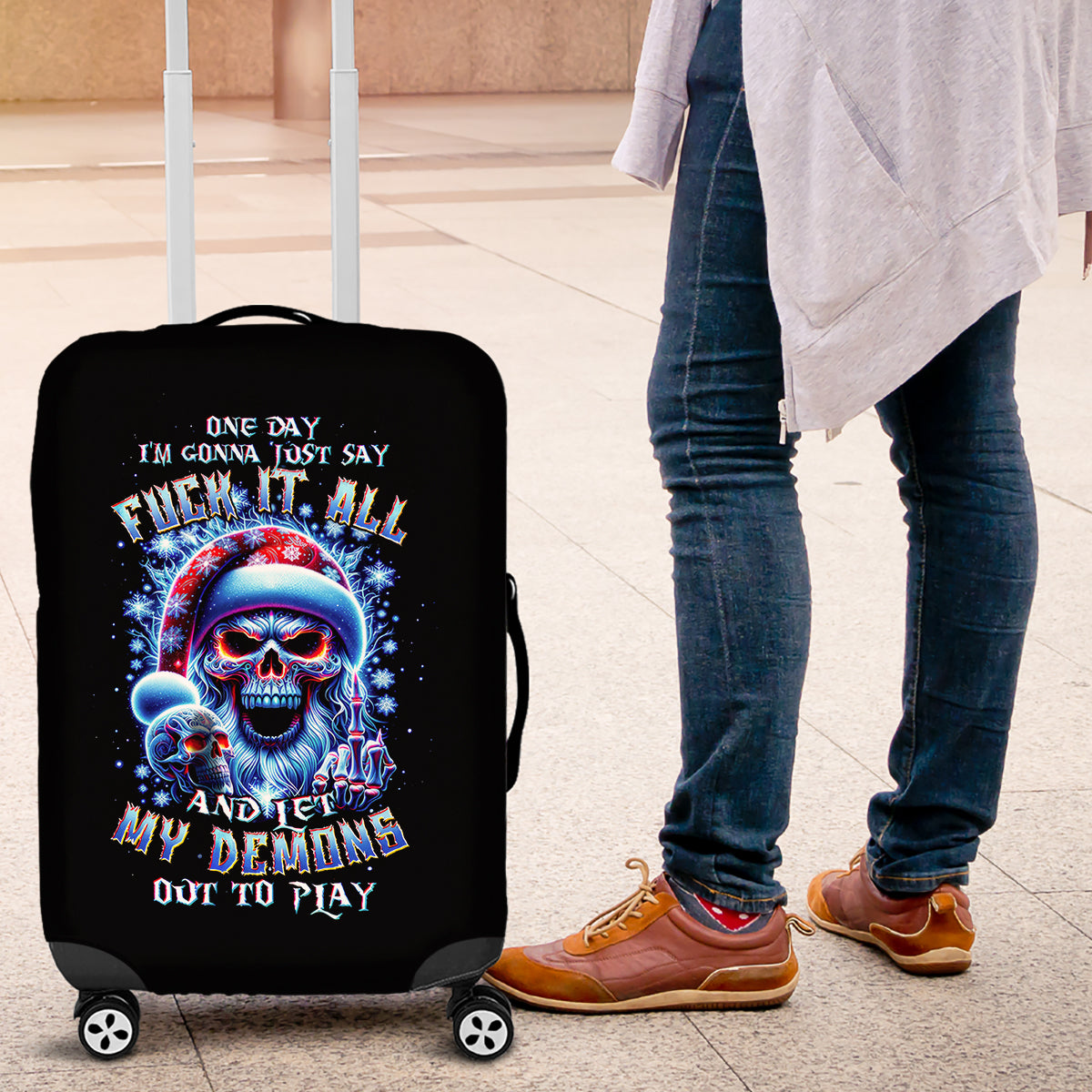 Skull Santa Claus Luggage Cover One Day Say Fuck Itt All And Let My Demons Out - Wonder Print Shop
