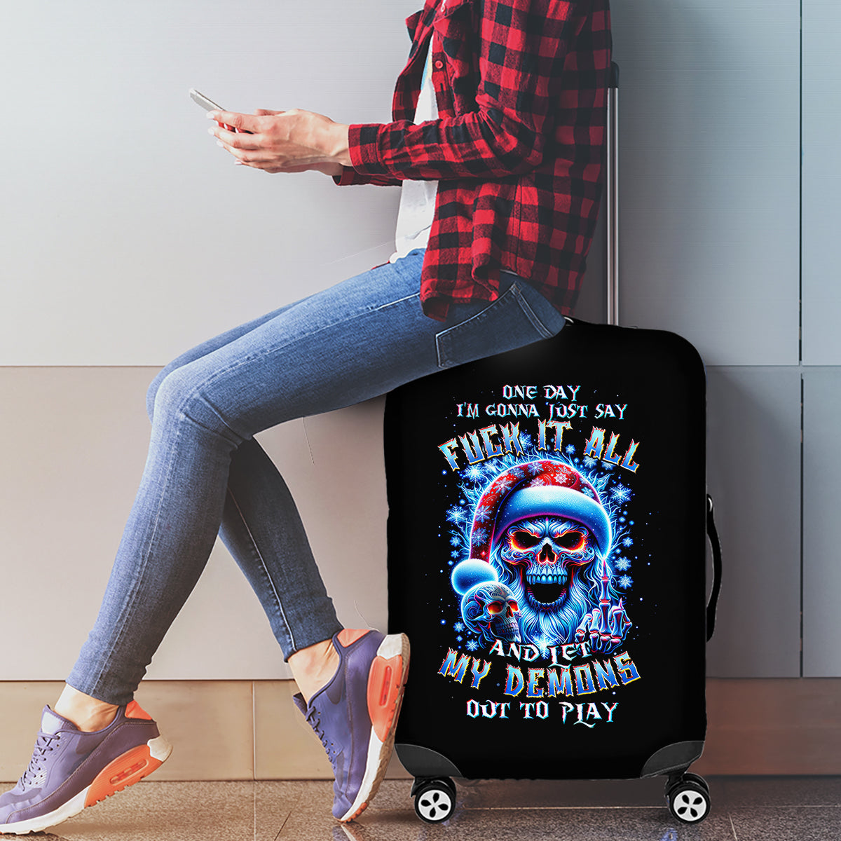 Skull Santa Claus Luggage Cover One Day Say Fuck Itt All And Let My Demons Out - Wonder Print Shop
