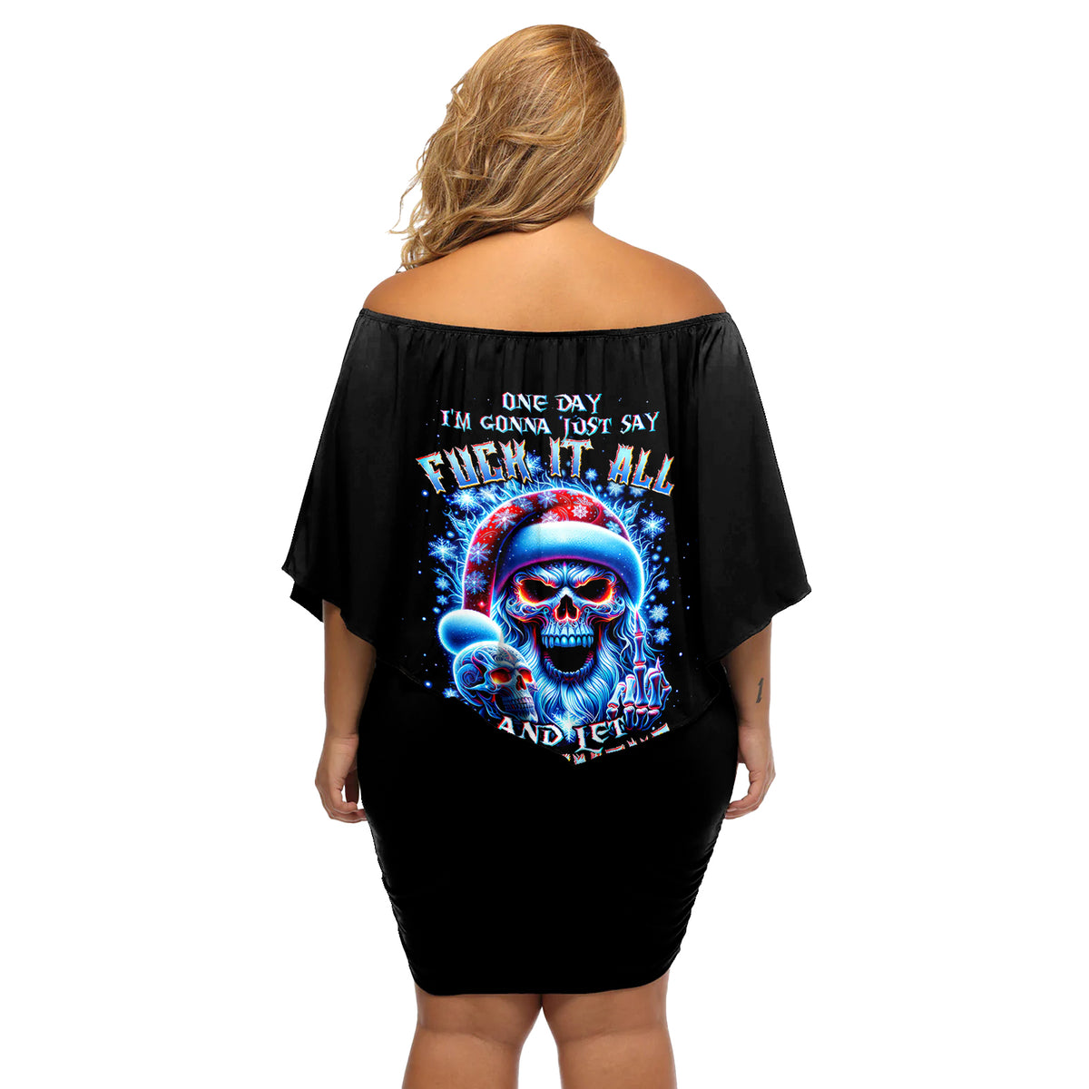 Skull Santa Claus Off Shoulder Short Dress One Day Say Fuck Itt All And Let My Demons Out - Wonder Print Shop